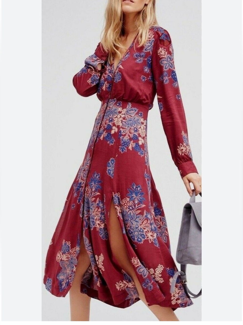Free People Burgundy Floral Midi Dress with Blue and Cream Accents